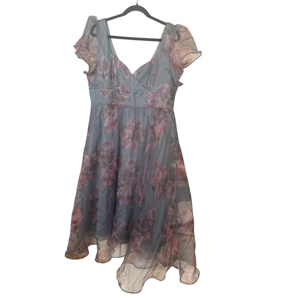 Womens Lulus Floral Organza Flutter Sleeve Midi Dress Teal Purple XXL NWOT - Picture 2 of 11